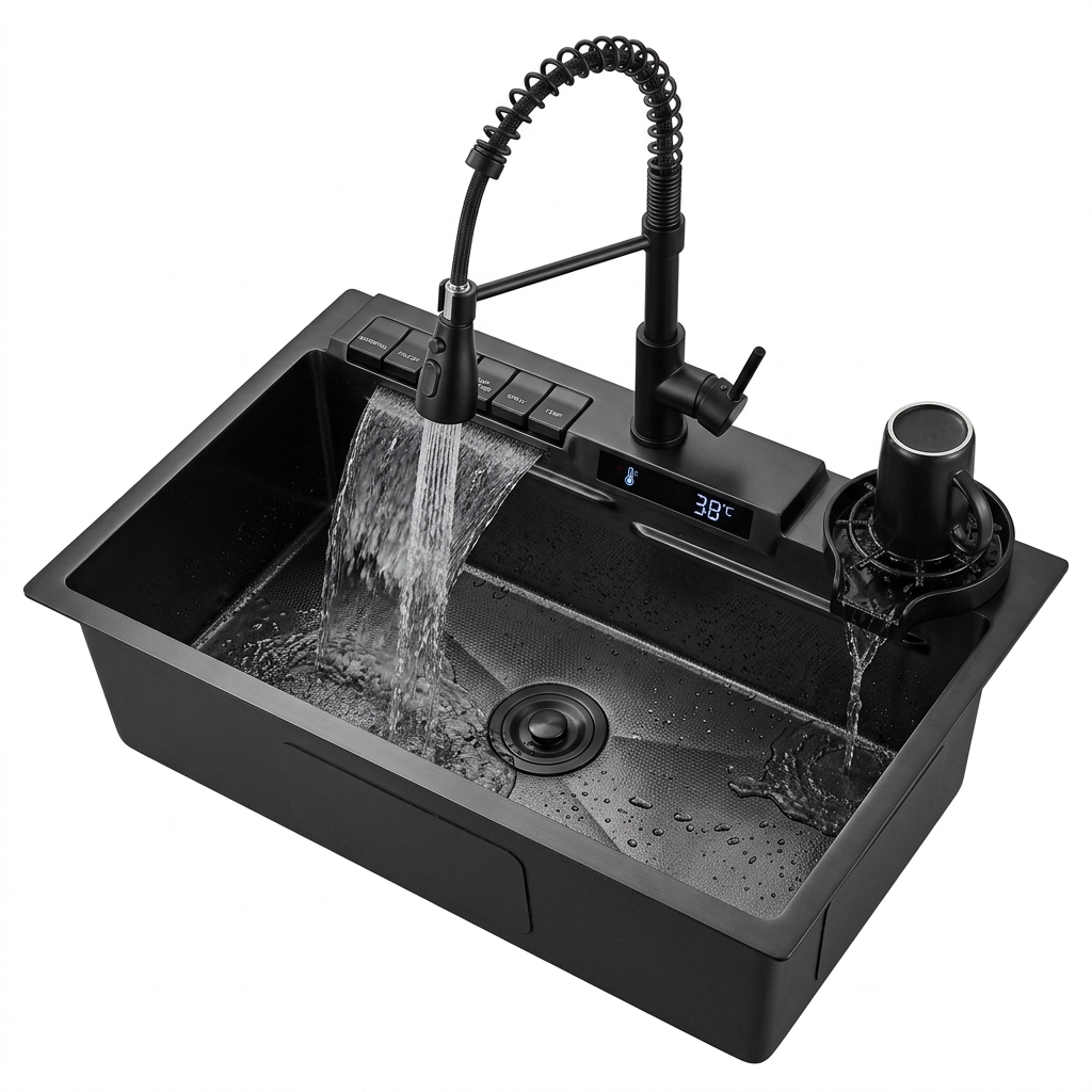 Multifunctional Digital Waterfall Smart Kitchen Sink (Nano Stainless Steel, Glass Rinser & Display)